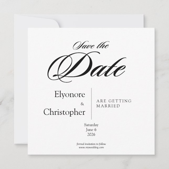 Carte Événement Mariage Minimal Carré Noir & Blanc Save  (Devant)