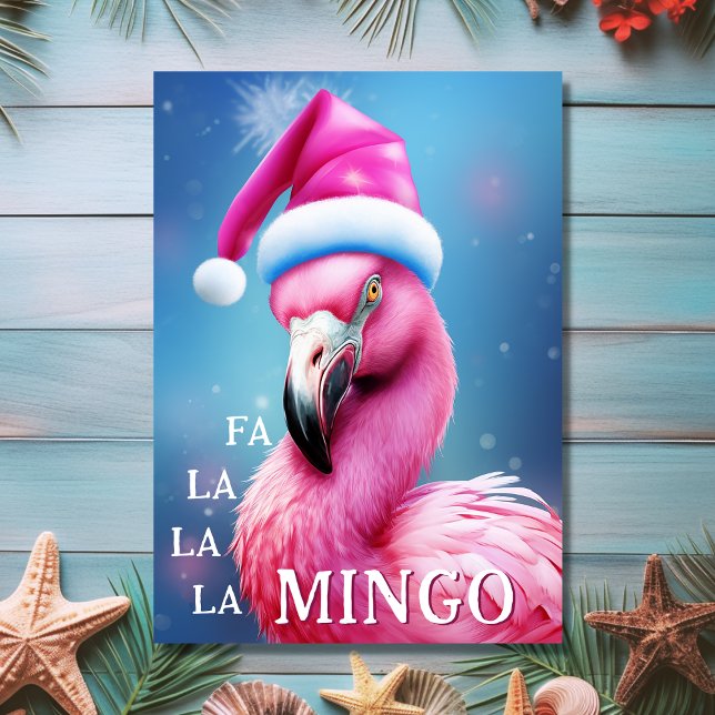 Carte Fa La La Mingo Flamant rose Rose Plage Noël (Front - Fa La La La Mingo Pink Flamingo Beach Christmas Card)