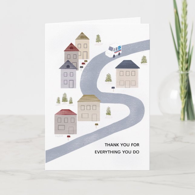 Carte Facteur femme de la poste Merci Noël Scène d'hiver (Devant)