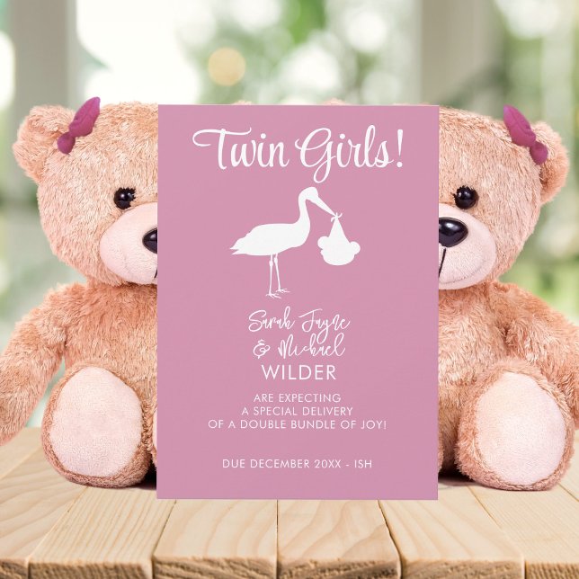 Carte Faire-part de grossesse Twin Girls Pink Stor (Twin Girls! Share the wonderful and exciting news with this pink stork pregnancy announcement)