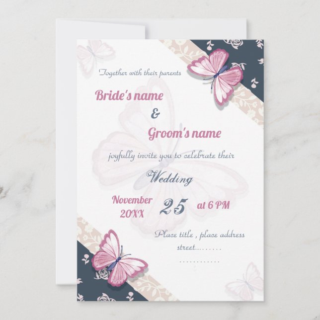 carte faire-part de mariage bleu marine (Devant)
