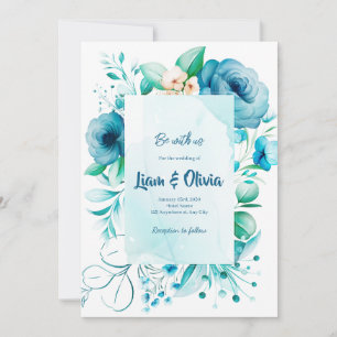 Carte Faire-part de mariage bleue d'aquarelle Flor