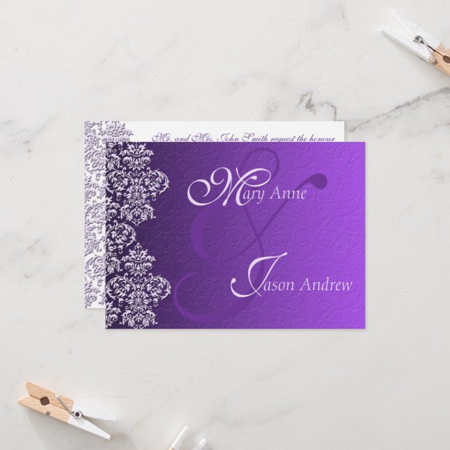 Carte Faire-part de mariage Damask Royal Purple (Devant/Arrière en situation)