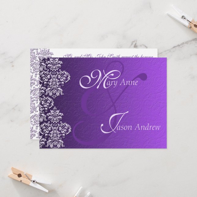 Carte Faire-part de mariage Damask Royal Purple (Devant/Arrière en situation)