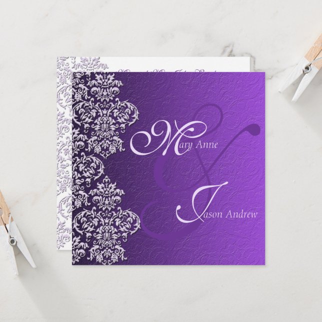 Carte Faire-part de mariage Damask Royal Purple (Devant/Arrière en situation)