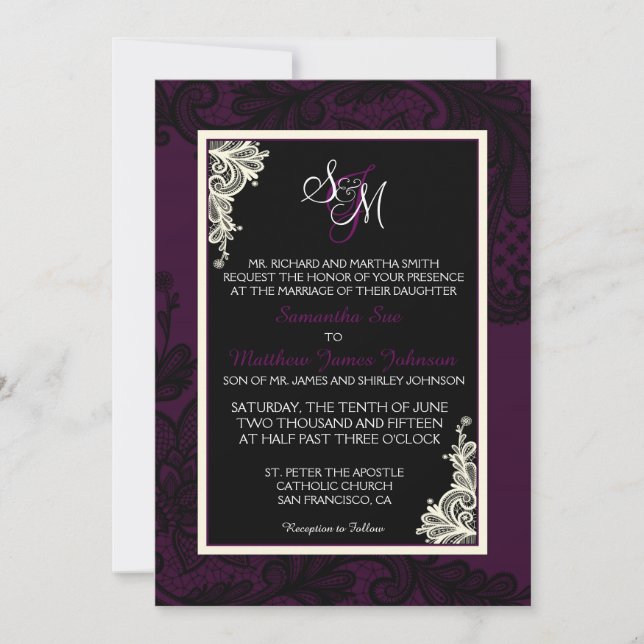 Carte Faire-part de mariage en dentelle blanche et (Devant)