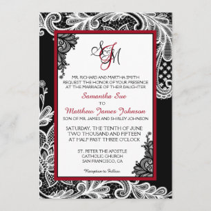 Carte Faire-part de mariage en dentelle noire et b