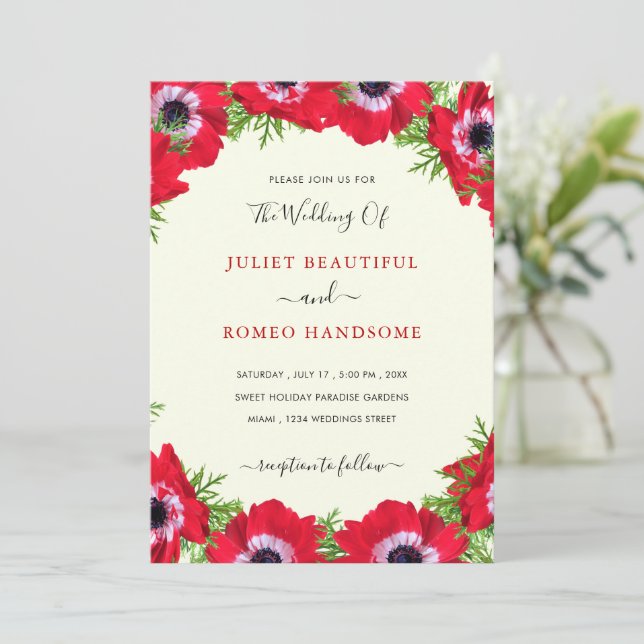 Carte Faire-part de mariage encadrée de fleurs rou (Debout devant)