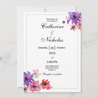 Carte Faire-part de mariage Florale rouge et viole