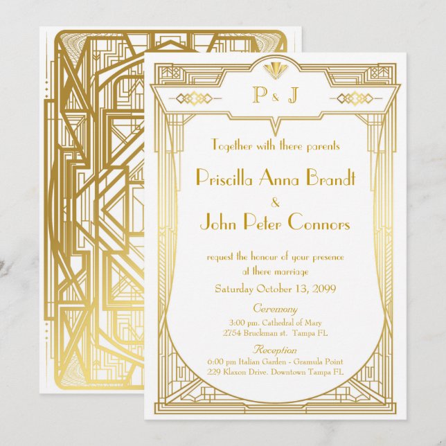 Carte Faire-part de mariage,Grand Gatsby,or blanc  (Devant / Derrière)