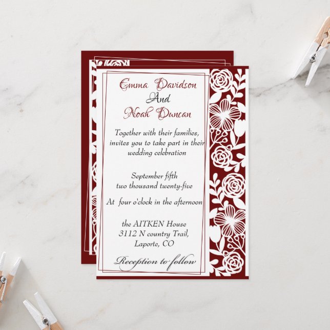 Carte Faire-part de mariage Maroon Élégante Open W (Devant/Arrière en situation)