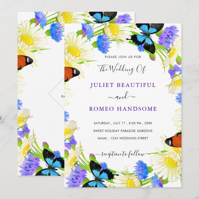 Carte Faire-part de mariage papillon avec fleurs (Devant / Derrière)