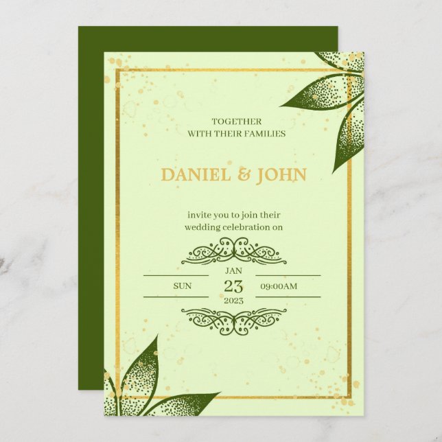 Carte faire-part de mariage : Vert et Or (Devant / Derrière)