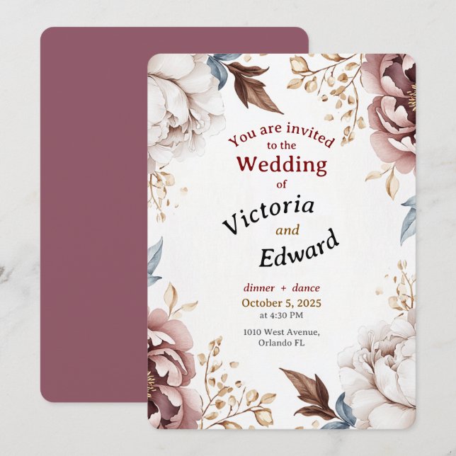 Carte Faire-part de mariage Victorian Peony Luxe (Devant / Derrière)