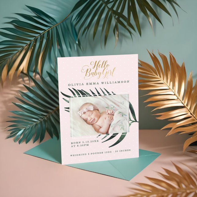 Carte Faire-part de naissance bébé | Feuille de pa (Baby Birth Announcement Card | Tropical Palm Leaf)