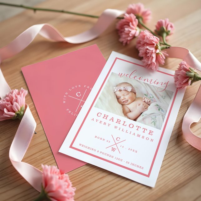 Carte Faire-part de naissance bébé - moderne rose  (Baby Birth Announcement Card - Modern Pink & White)