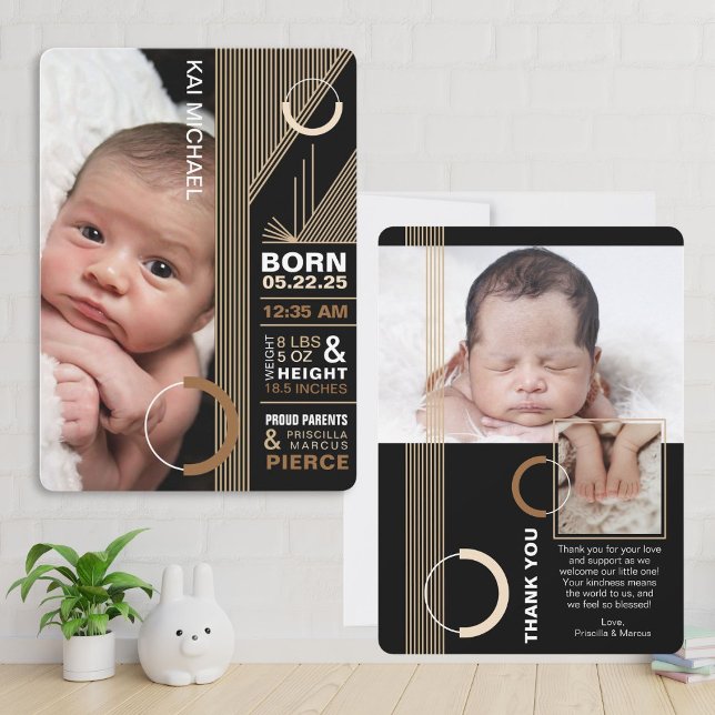 Carte Faire-part de naissance contemporaine (Stylish and modern birth announcement with sleek lines, chic circle accents, and photo slots.)