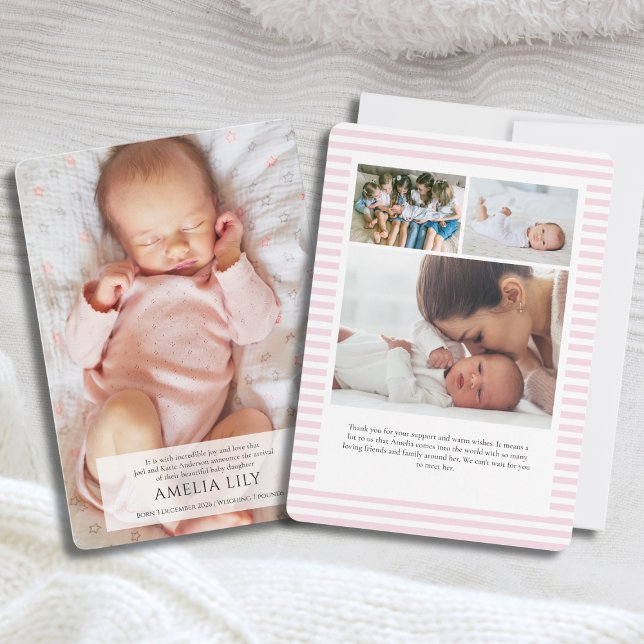Carte Faire-part de naissance fille rose bébé (Cute Classic Baby Girl Birth Announcement card with photo collage of 4 photos and pink stripes)