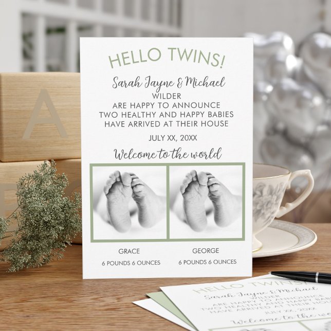Carte Faire-part de naissance photo Hello Twins (A gender neutral birth announcement with space for your new baby photos and Hello Twins text)