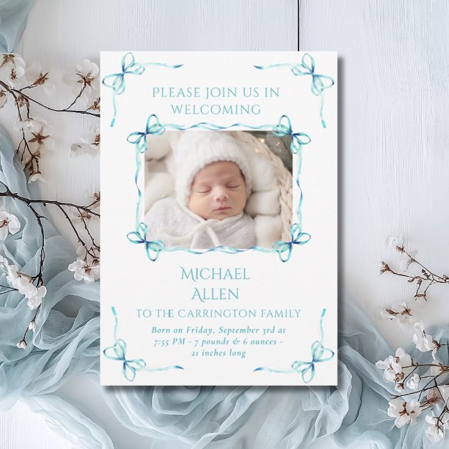 Carte Faire-part de naissance photo Turquoise Bows (Créateur téléchargé)