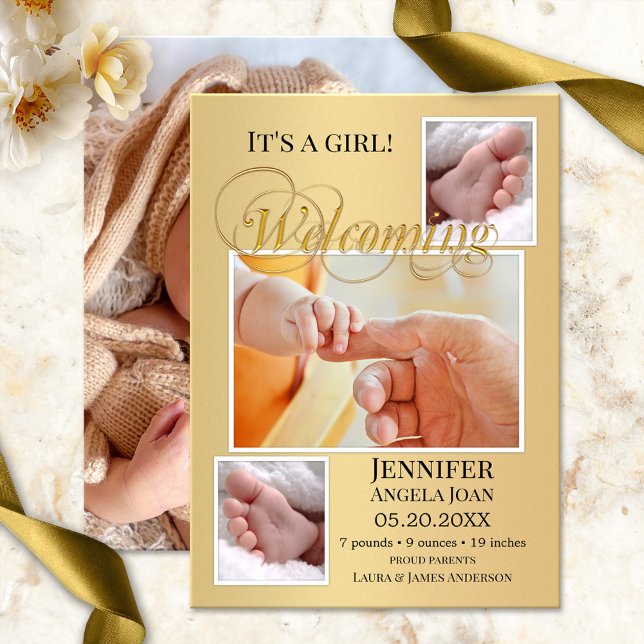 Carte Faire-part Gold Baby Birth Photos (Modern birth announcement card with space for 4 of your own baby and family photos framed by gold)
