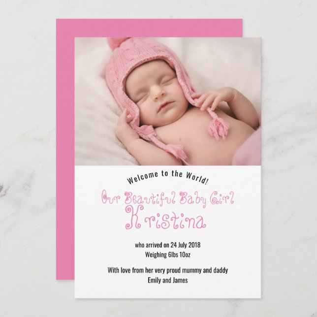 Carte Faire-part photo de fille de bienvenue (Devant / Derrière)