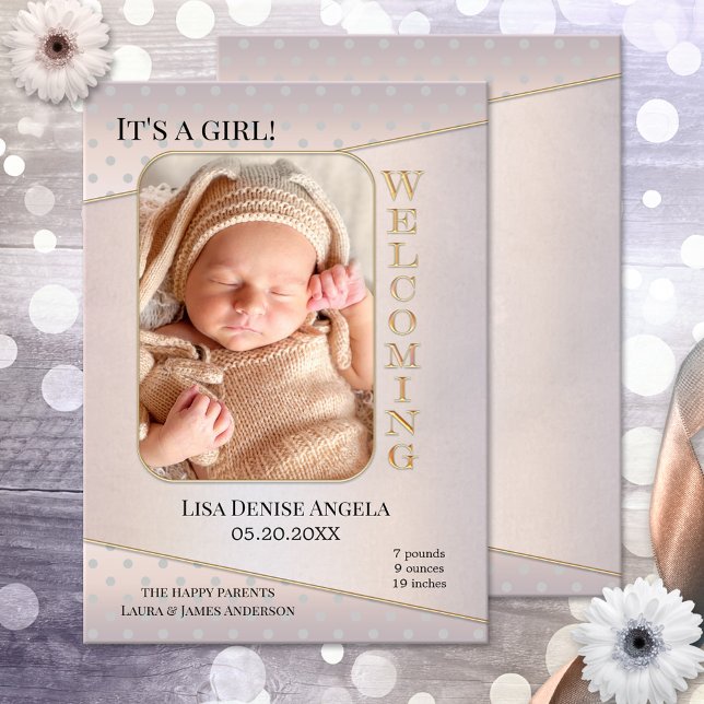 Carte Faire-part photo Elegant Baby Birth (Elegant birth announcement card featuring your baby photo on an artistic gold with polka dots)