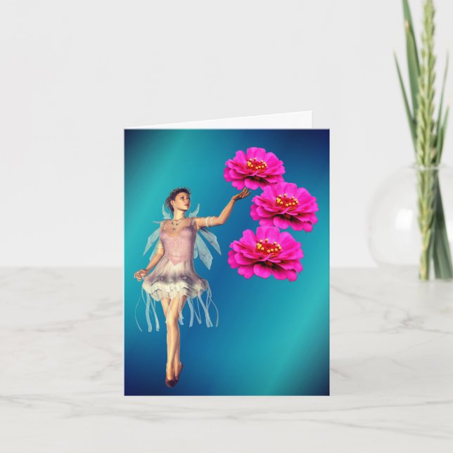 Carte Fairy And Pink Zinnia Flower Fantasy Note (Devant)