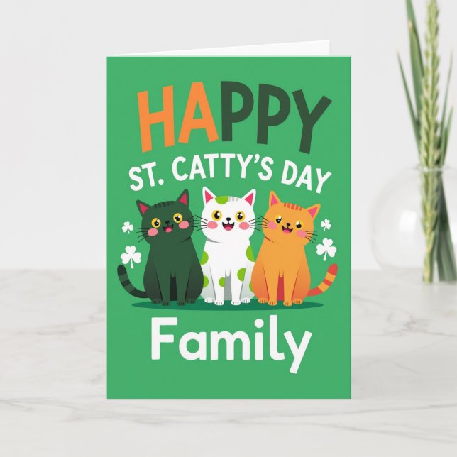 Carte Famille Chats Verts Joyeuse (Devant)