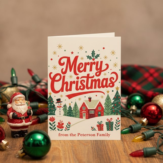 Carte Famille de bonhomme de neige de maison rouge Joyeu (Créateur téléchargé)