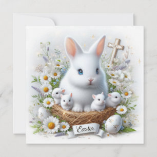 Carte Famille de lapins de Pâques dans un nid floral ave
