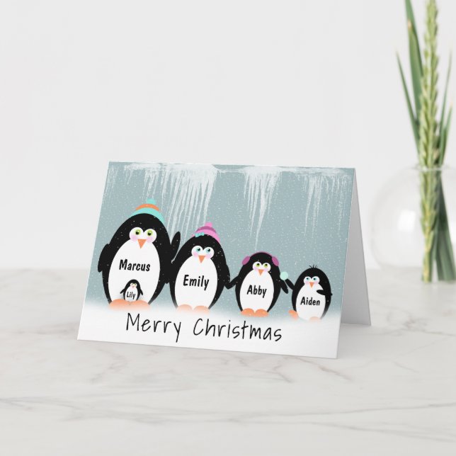 Carte Famille Penguin De Noël En Neige (Devant)