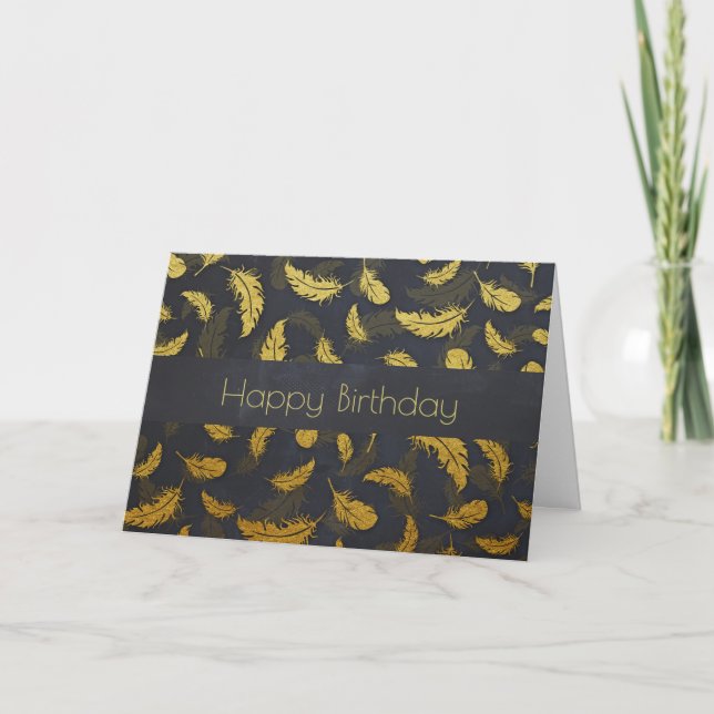 Carte Fancy Chic Plumes Dorées Sur Anniversaire Noir (Devant)