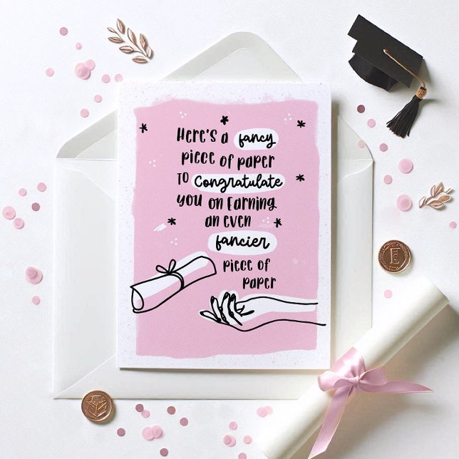 Carte Fancy Paper Funny Graduation Card (Gradutation card with black text & pink bg. Grad card shown with envelope, diploma and confetti )