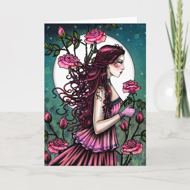Carte Fantaisie de jeune fille à la rose espagnole Art (Devant)