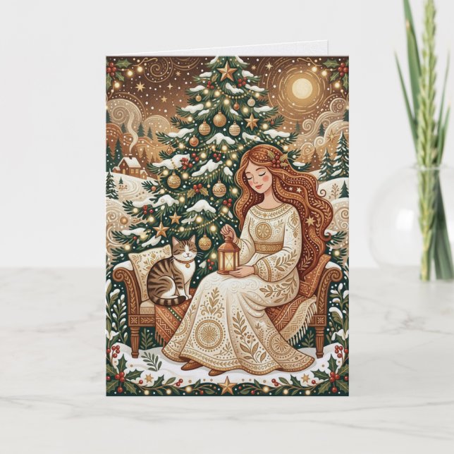 Carte fantaisiste de Noël avec chat et jeune fille (Devant)