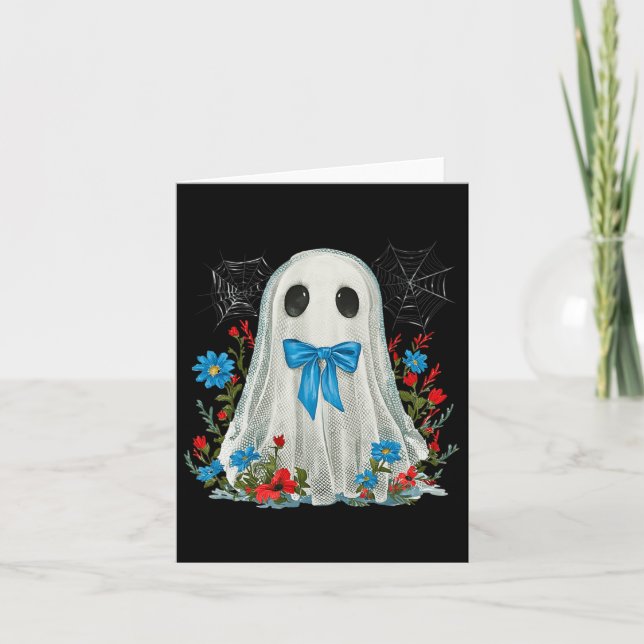 Carte Fantôme Avec Coquette Bow Bleu Et Fleurs Halloween (Devant)