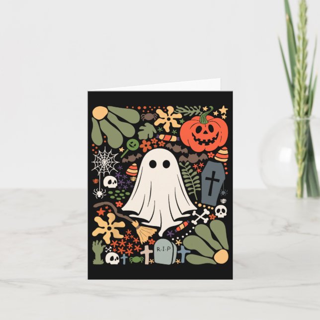 Carte Fantôme Avec Fleurs Halloween Floral Citrouille Fa (Devant)
