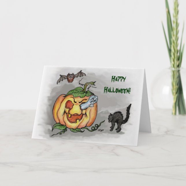 Carte fantôme, chauve-souris et chat, Joyeux Halloween ! (Devant)
