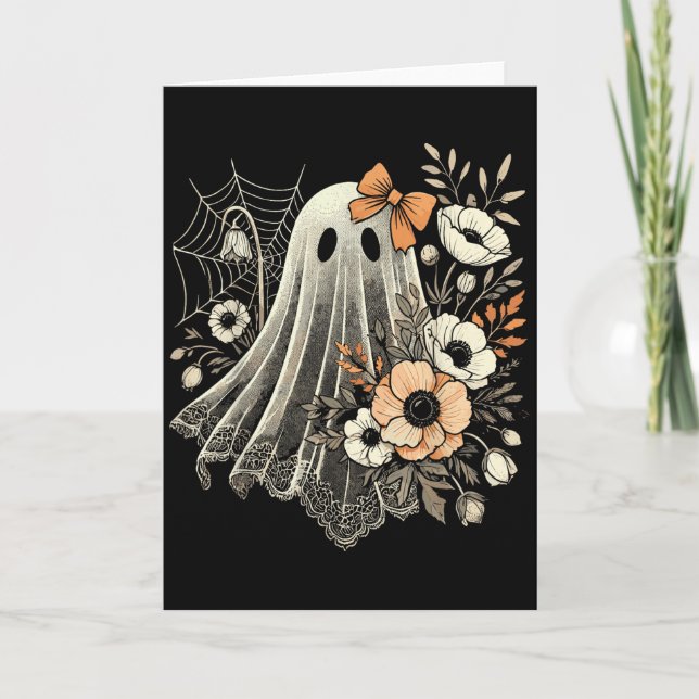 Carte Fantôme d'Halloween avec fleurs vintage  (Devant)