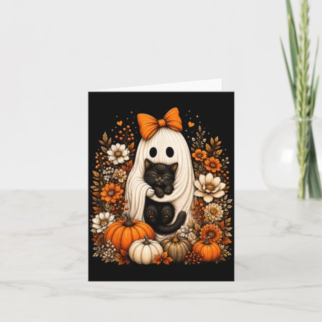 Carte Fantôme d'Halloween tenant un chat noir Citrouille (Devant)