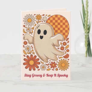 Carte Fantôme Floral Rétro Groovy Halloween Mignon 