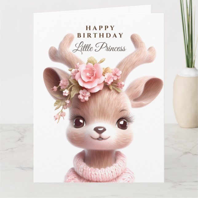 Carte Faon mignon, bébé cerf en robe rose avec des fleur (Devant)