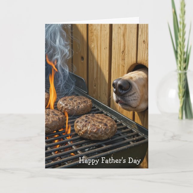 Carte Father's Day Dog Sniffing Hamburgers On a Grill (Devant)