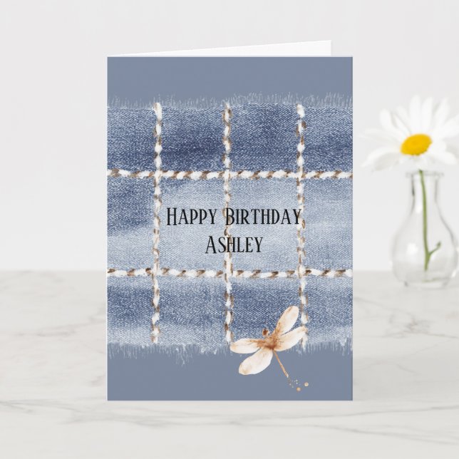 Carte Faux Blue Jeans Café Crème Libellule Anniversaire (Petite plante)