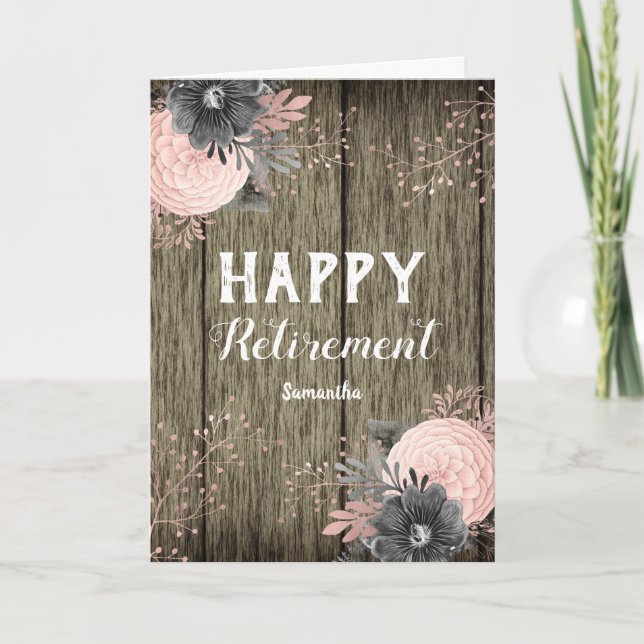 Carte Faux Bois de Rustc et Fleurs pour la Retraite (Devant)