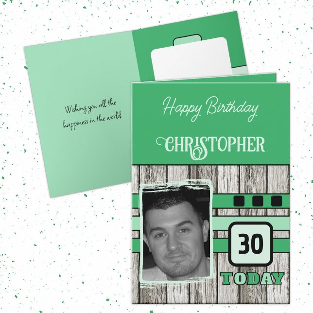 Carte Faux bois rustique 30ème anniversaire photo verte (Créateur téléchargé)