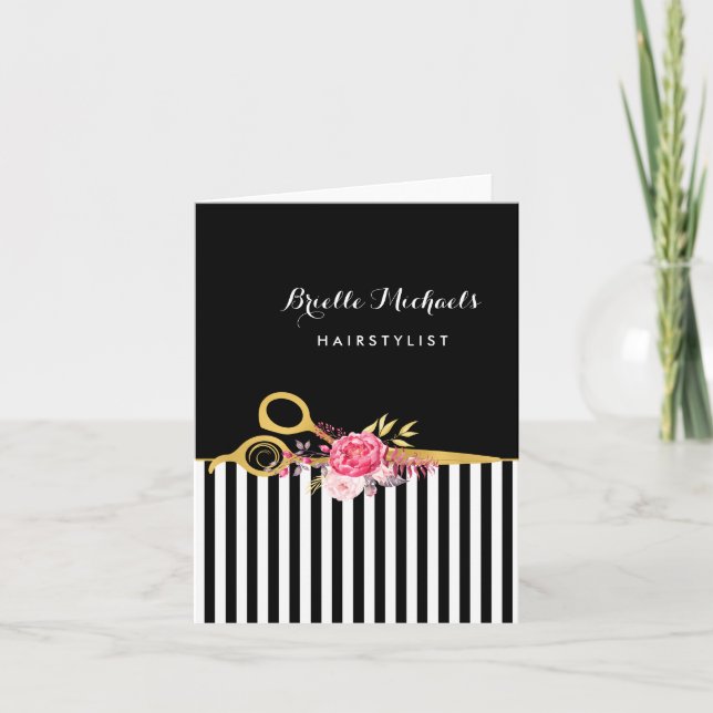 Carte Faux Gold Ciseaux Stripes Rose Floral Coiffeur Sal (Devant)