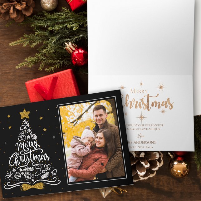 Carte Faux Gold Parties scintillant Star Typographie Noë (Faux Gold Glitter Star Typography Christmas Photo Card)