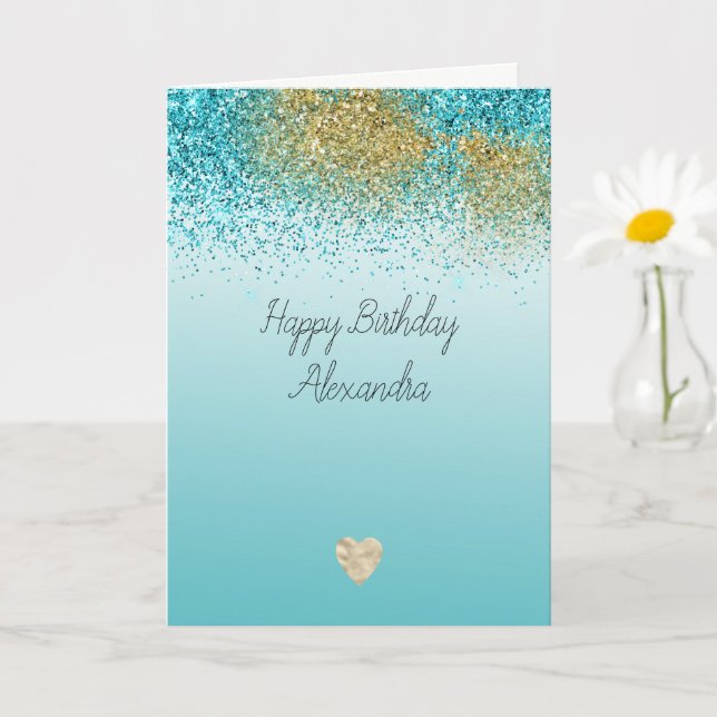 Carte Faux Paillette Or Aqua Coeur Anniversaire (Petite plante)